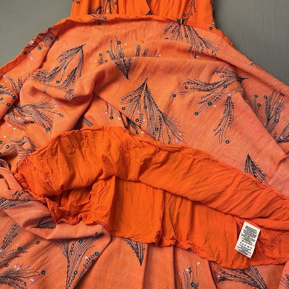 Free People Sz 10 Retro Coral Orange Floral Print Rayon Midi Dress Side Pockets - Picture 12 of 12
